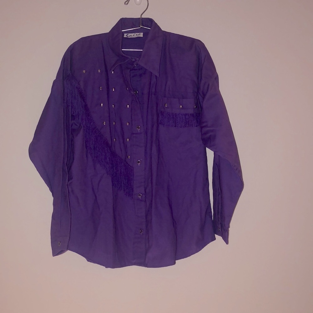Vintage 80s Sassa Western Wear NWOT Purple Shirt Padded Shoulders Fringe buttons